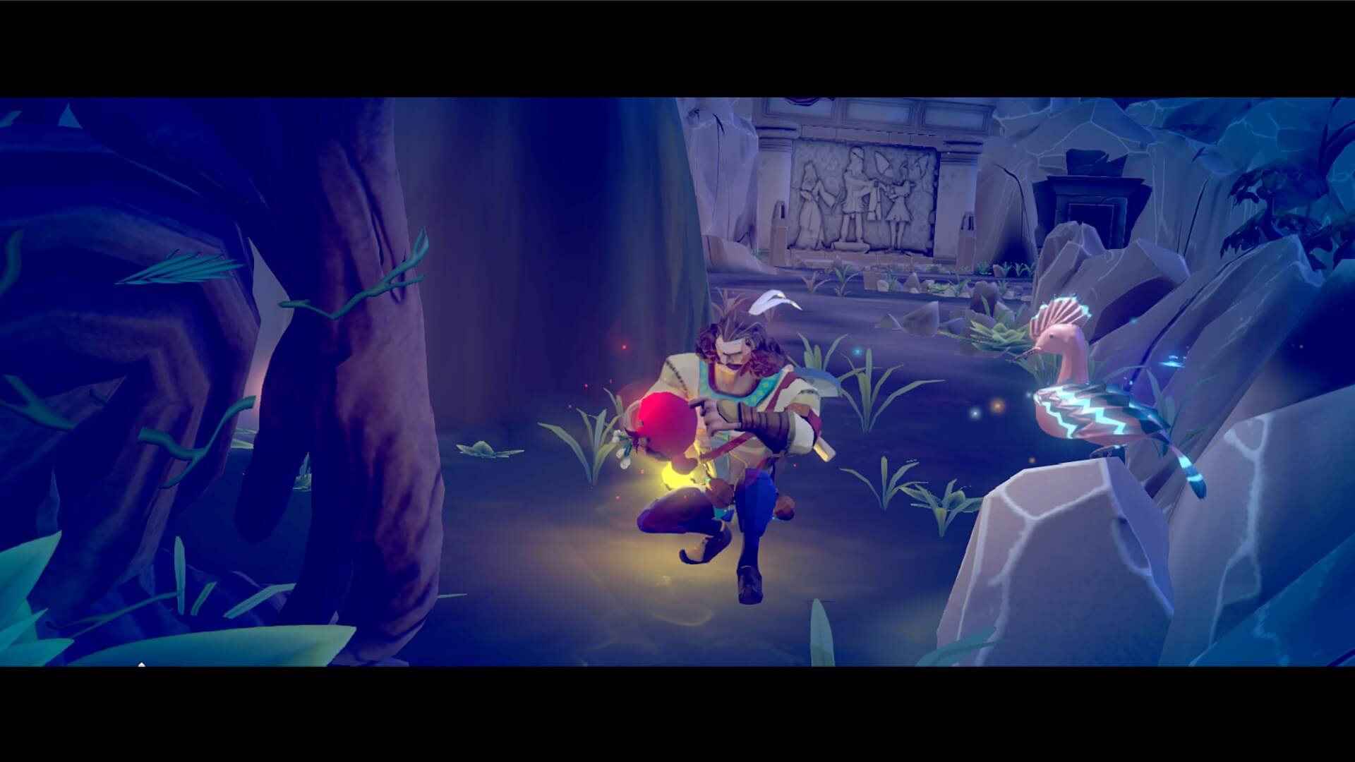 A cutscene of The Tale of Bistun, showcasing the character Farhad kneeling with a pomegranate with his hand.