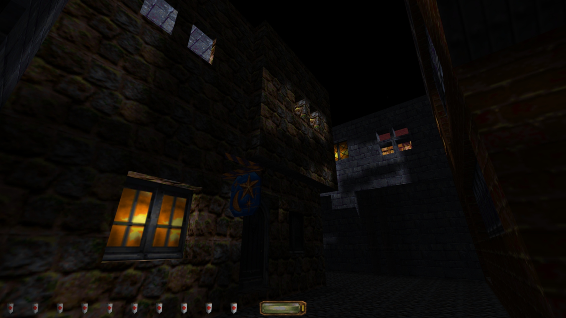 Thief screenshot showing an early-3d-graphics representation of a street. 