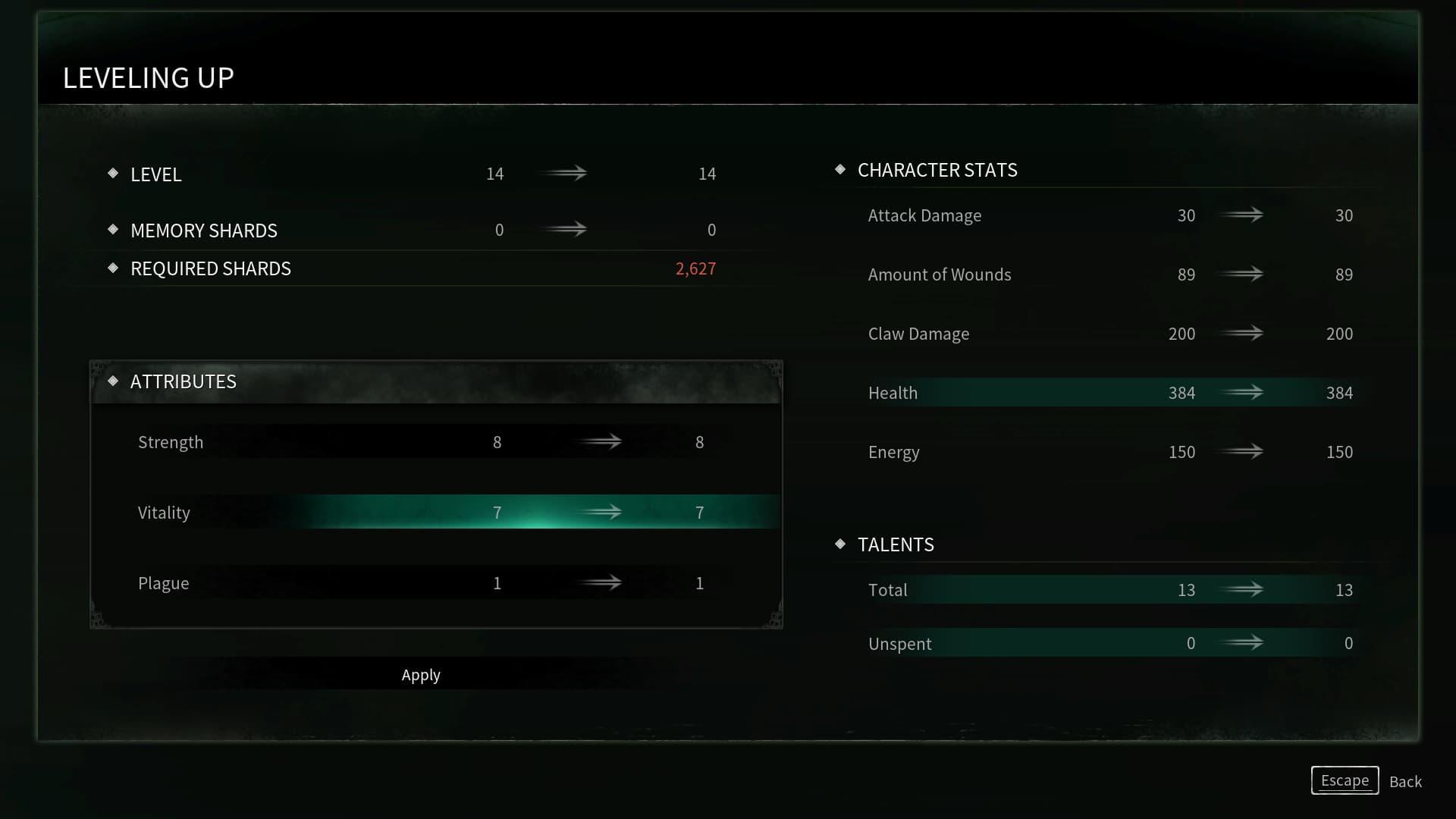 Thymesia Screenshot of the character menu showing Corvus' stats, preparing for the first boss in Thymesia 