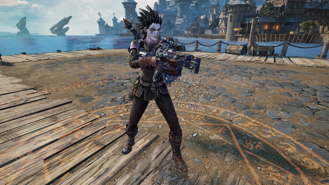 A Clawbringer standing on a pier, a repeating crossbow in hand