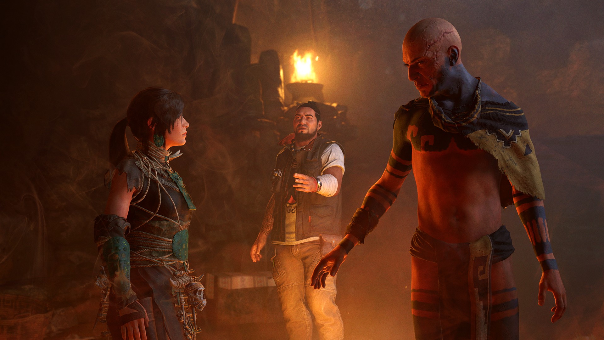 Tomb Raider Screenshot of gameplay, characters inside a decrepit tomb talking to one another, Tomb Raider Script Leaks