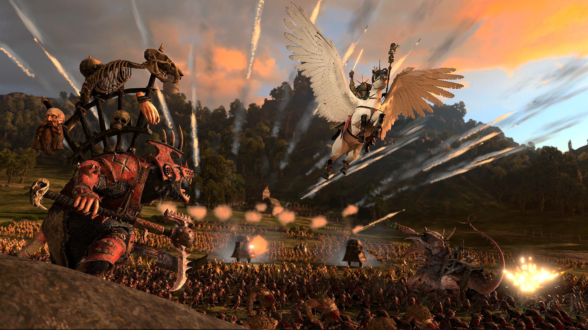 A winged pegasus flying over the battlefield in Total War: Warhammer 3