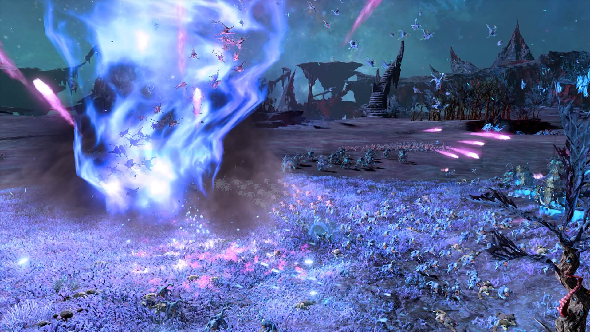 A tornado ripping through armies in Total War: Warhammer III