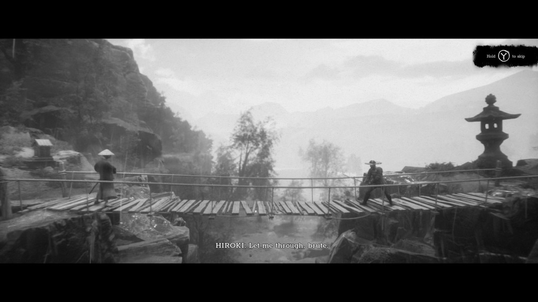 Hiroki drawing his sword against a bandit on a bridge