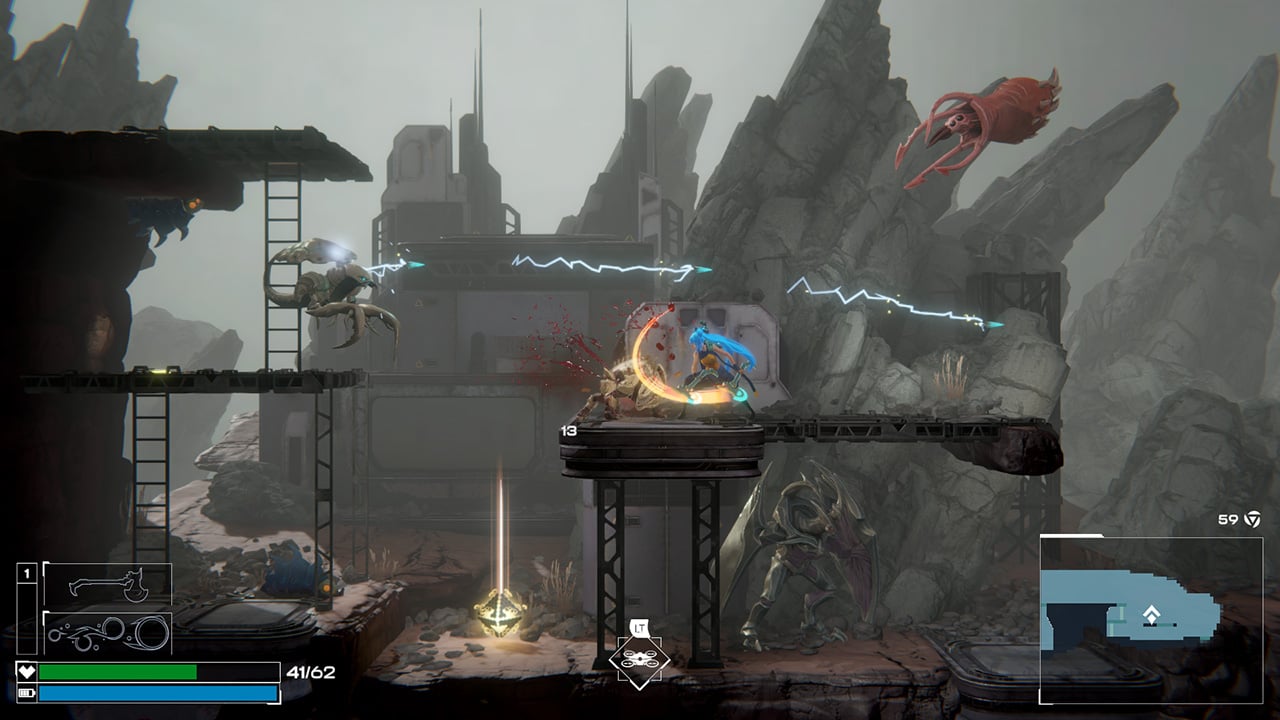 One of the main characters in trinity fusion on a rock platform attacking an early game enemy with battle axes