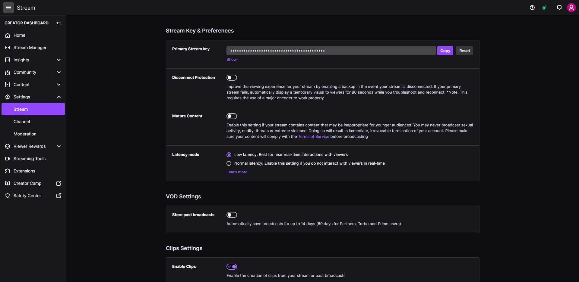 The page showing how to reset your Twitch stream key