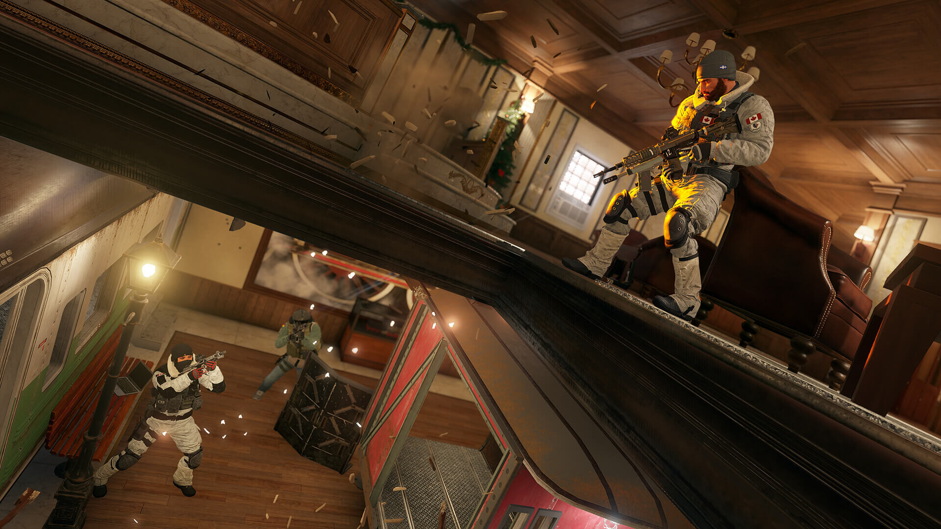 A player aiming at another player from a higher floor in Ubisoft's Rainbow Six Siege