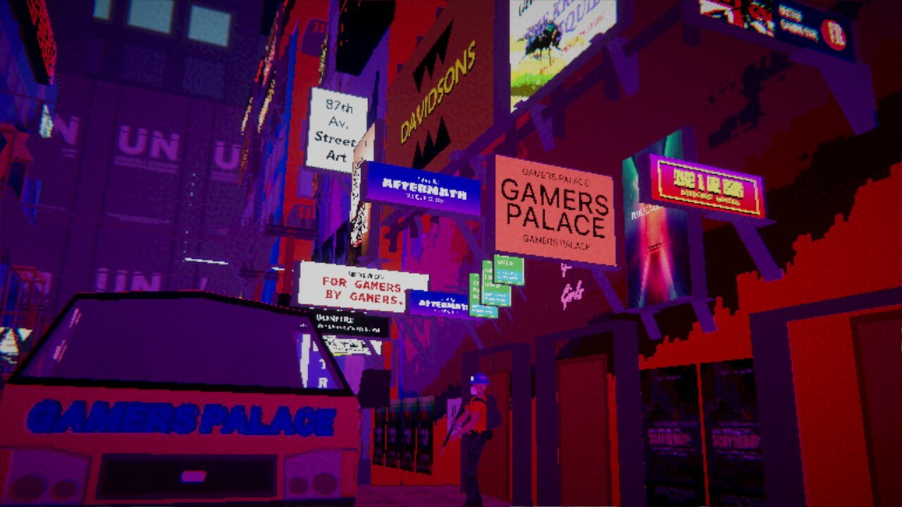 A screenshot of Umurangi Generation showing a neon lit street