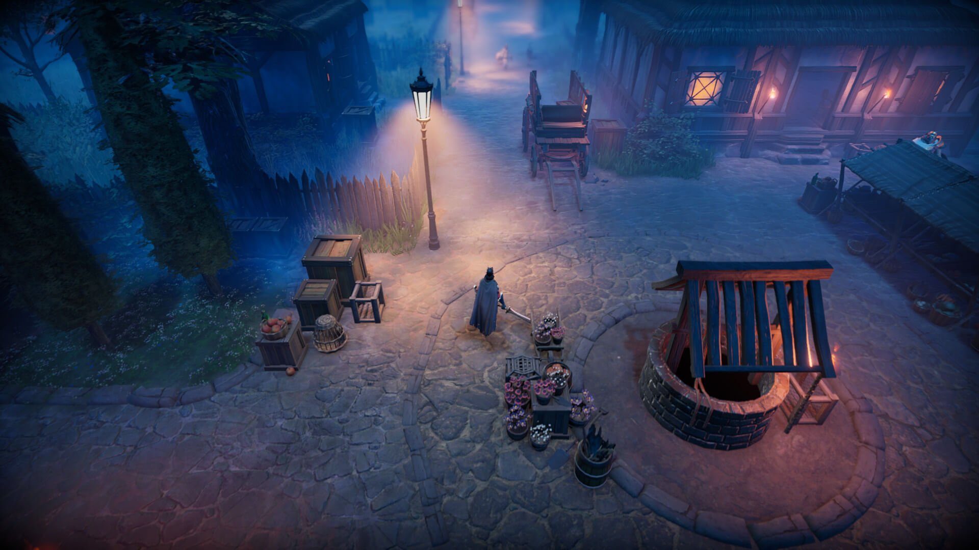 A player in a moody street in V Rising
