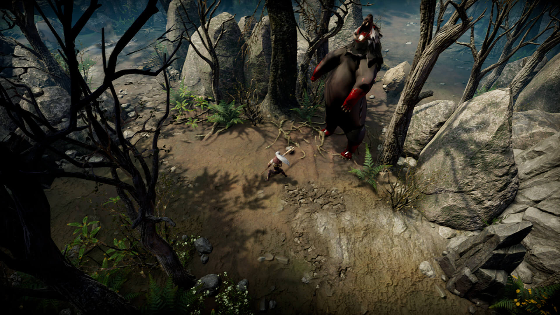 A player engaged in combat with a giant bear enemy in V Rising