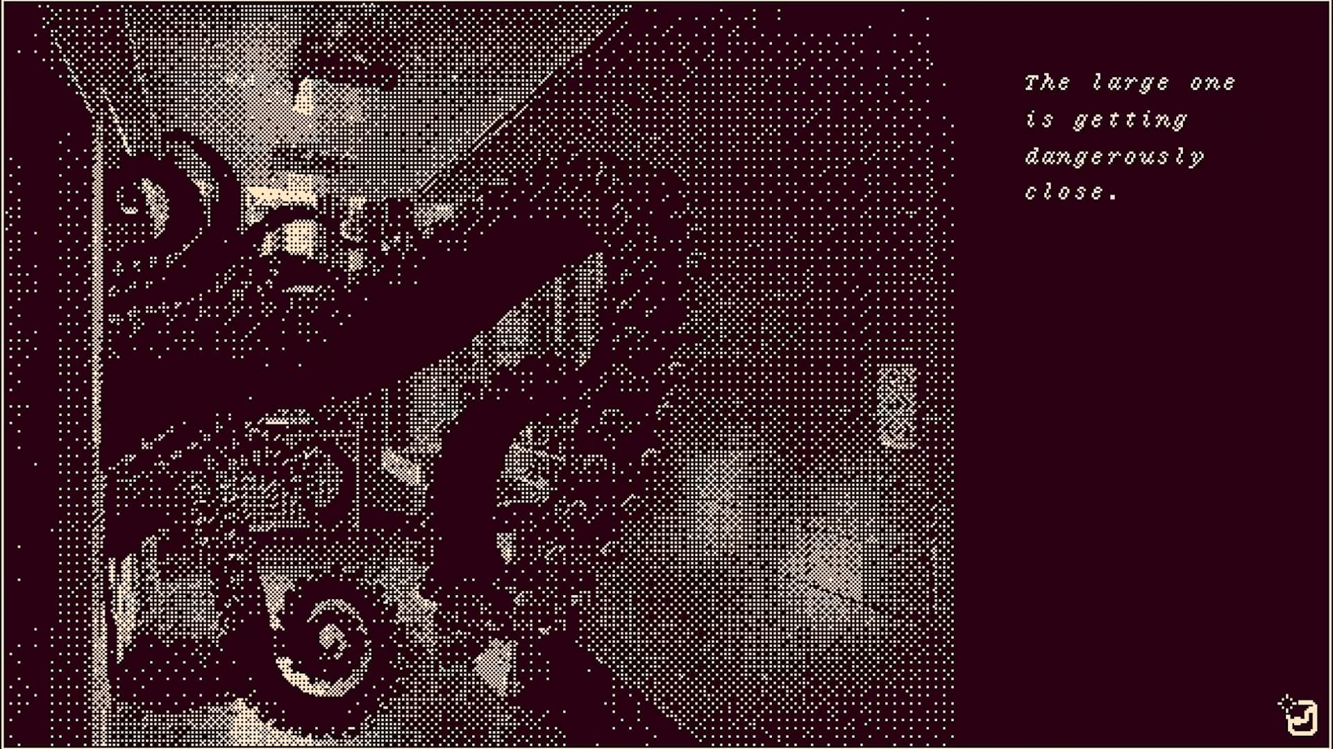 Black tentacles pouring from a bathroom into a hallway, approaching the screen