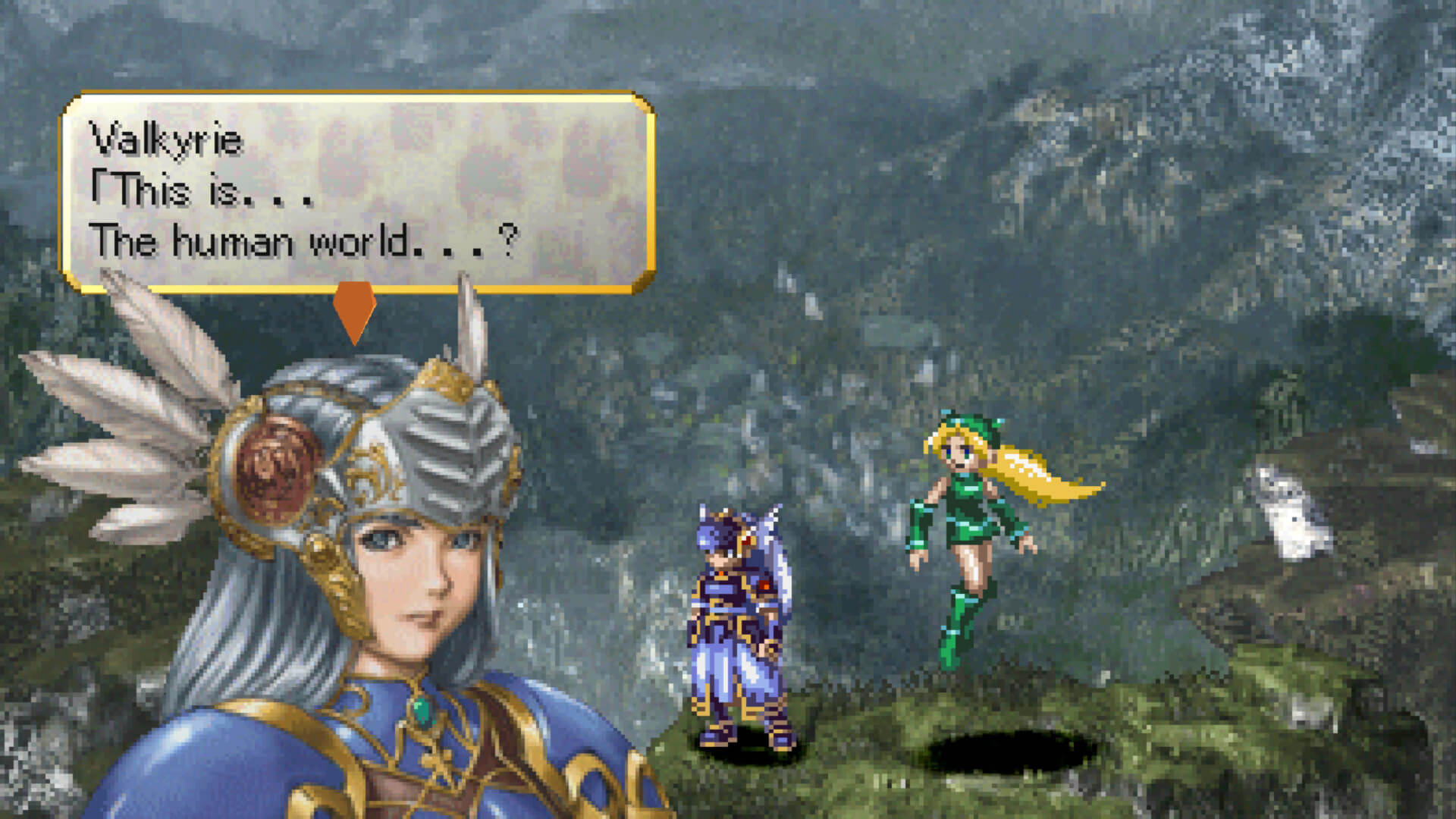 Lenneth Valkyrie wondering if she's wandered into the human world in Valkyrie Profile: Lenneth