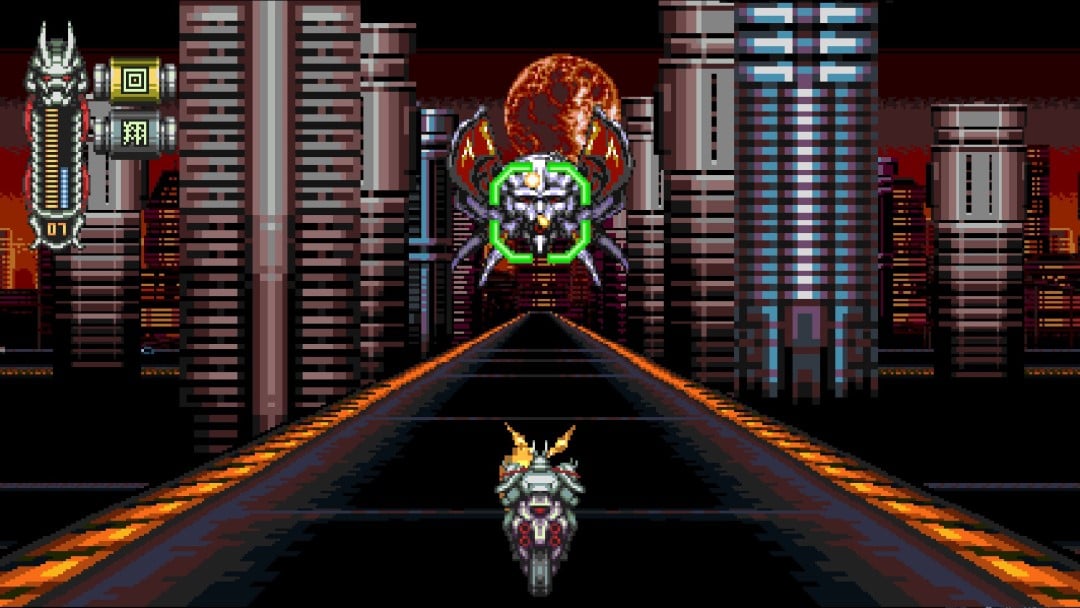 An image from a motorcycle level from Vengeful Guardian Moonrider