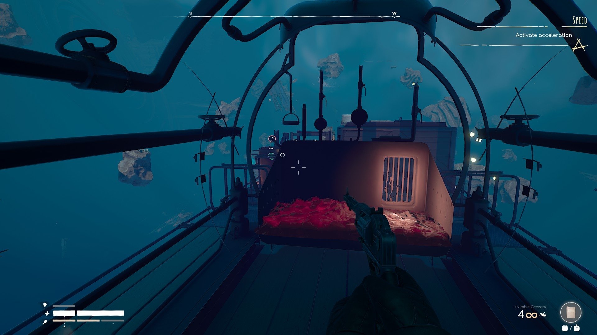 Voidtrain screenshot showing a gun being held by gloved hands, with the players apparently 
