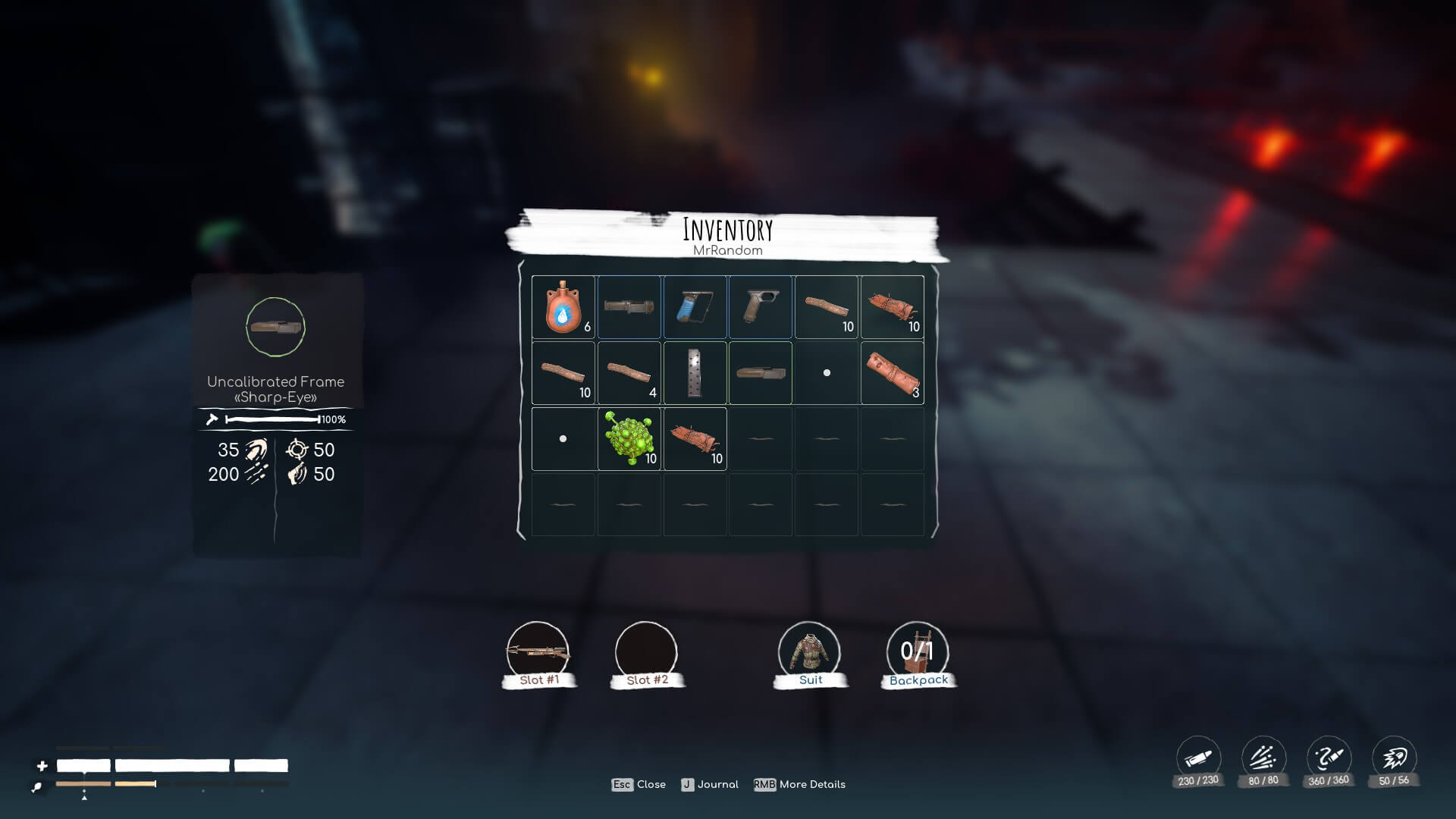 The main inventory in Voidtrain. The gun module "Uncalibrated Frame" is highlighted, offering stat increases.
