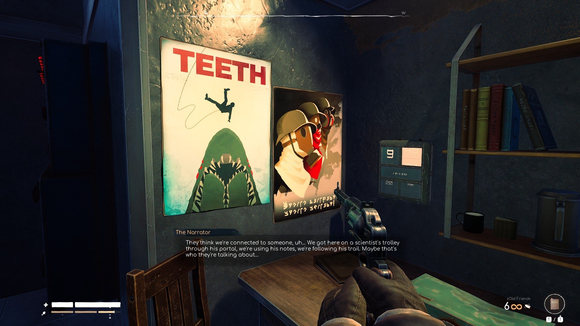 Voidtrain screenshot showing a pair of gloved hands holding a revolver with various artistic posters on teh wall with an unkown alphabet all over them. There's also a deck with a radio, and a block of subtitles.