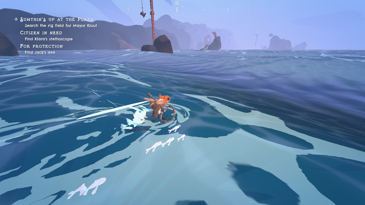 A gameplay screenshot of Wavetale, showcasing the main character Sigurd gliding across the waves with black clouds looming on the surface of the water.