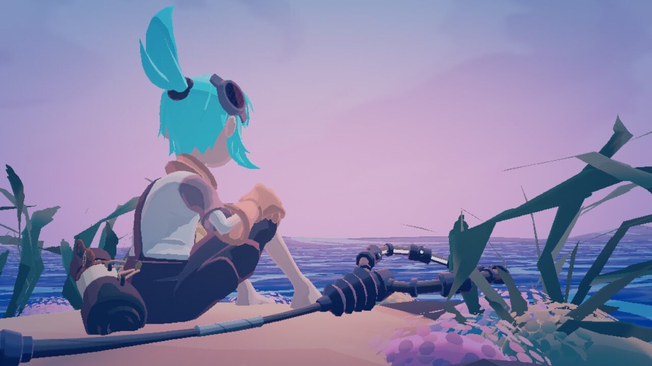 A cutscene of Wavetale, showcasing main character Sigurd sitting down on the sand looking into the sea's horizon.