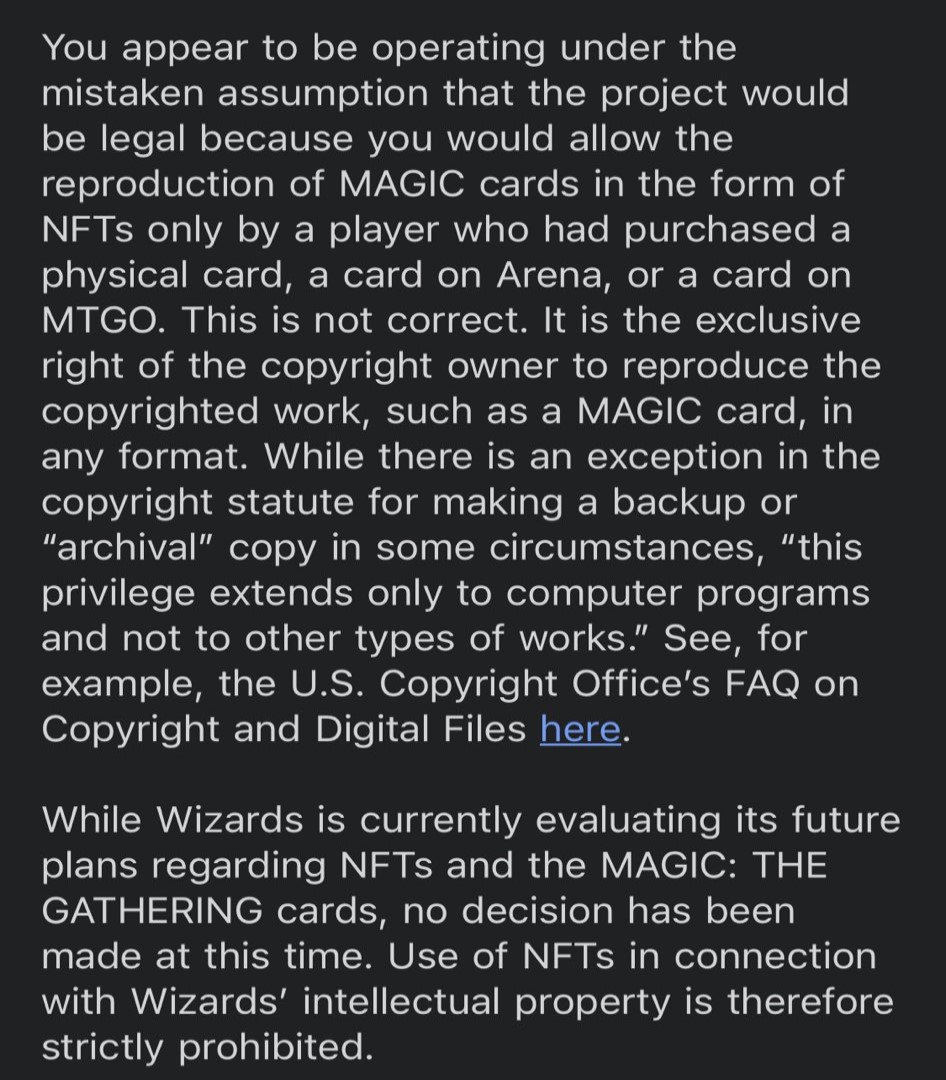 An excerpt of official text from Wizards of the Coast's response to NFT scam artists mtgDAO