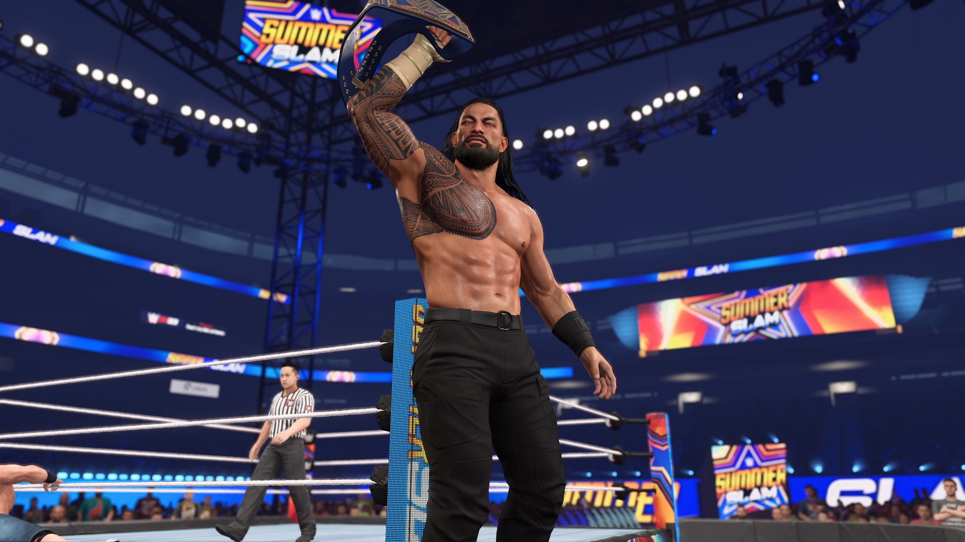 Roman Reigns holding up a title in WWE 2K23