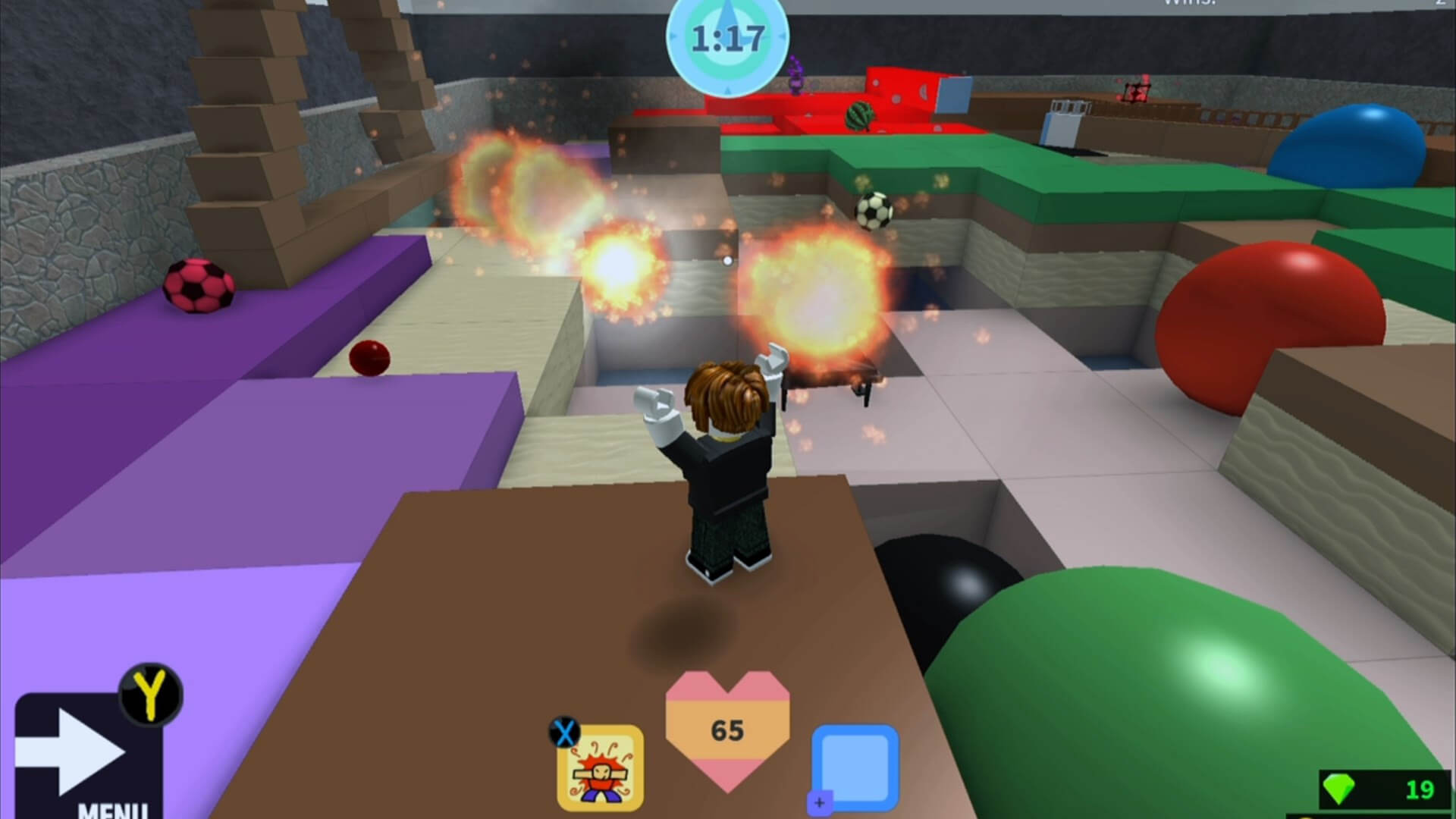 A character jumping as an explosion happens in an obstacle course in Roblox