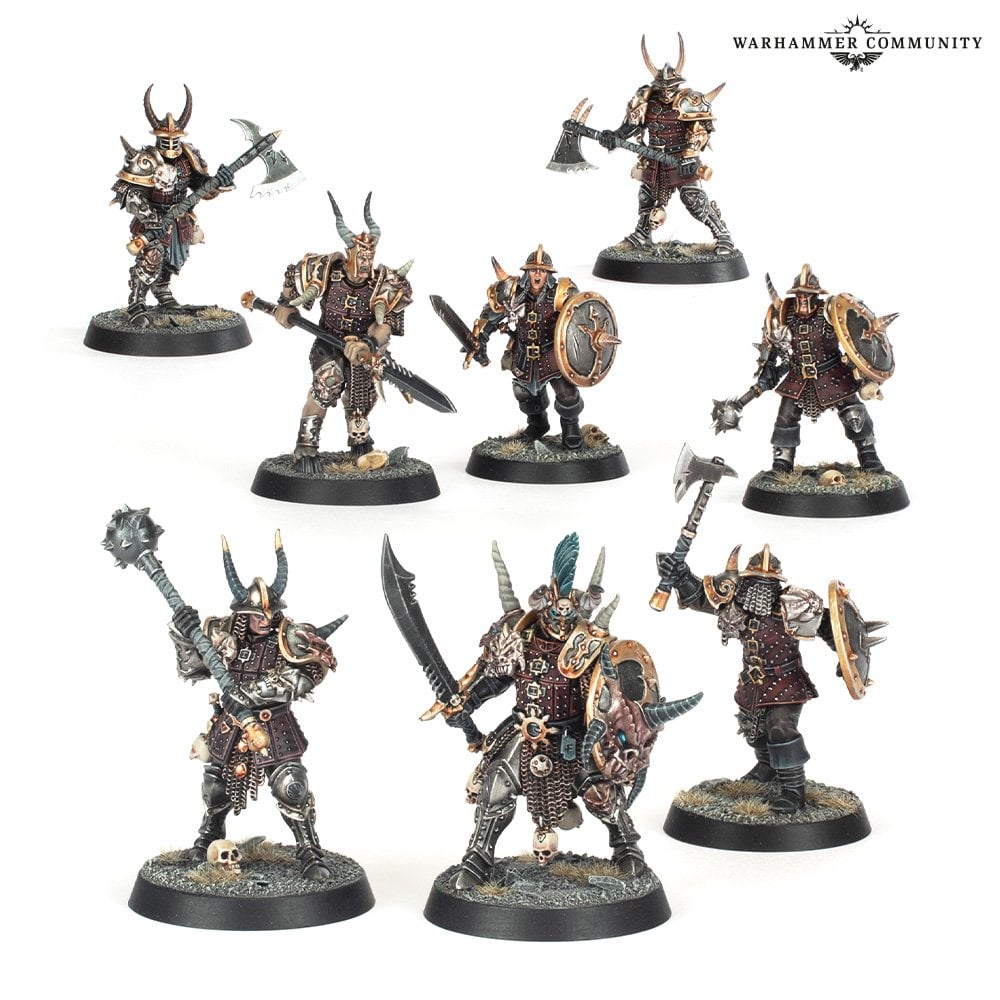 Painted Warcry Chaos Legionnaires miniatures, clad in armor and bearing swords and shields