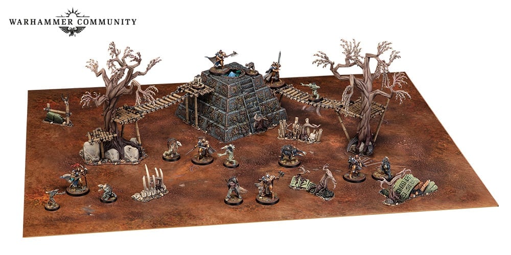 An image of the contents of Warcry Nightmare Quest including miniatures and modeled scenery