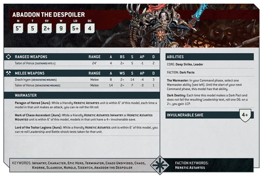 A statsheet of Abaddon The Despoiler from Warhammer 40k 10th Edition