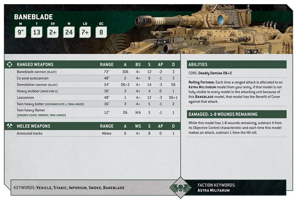 An official stat block for the Baneblade tank from the Warhammer 40k 10th Edition Imperial Guard preview