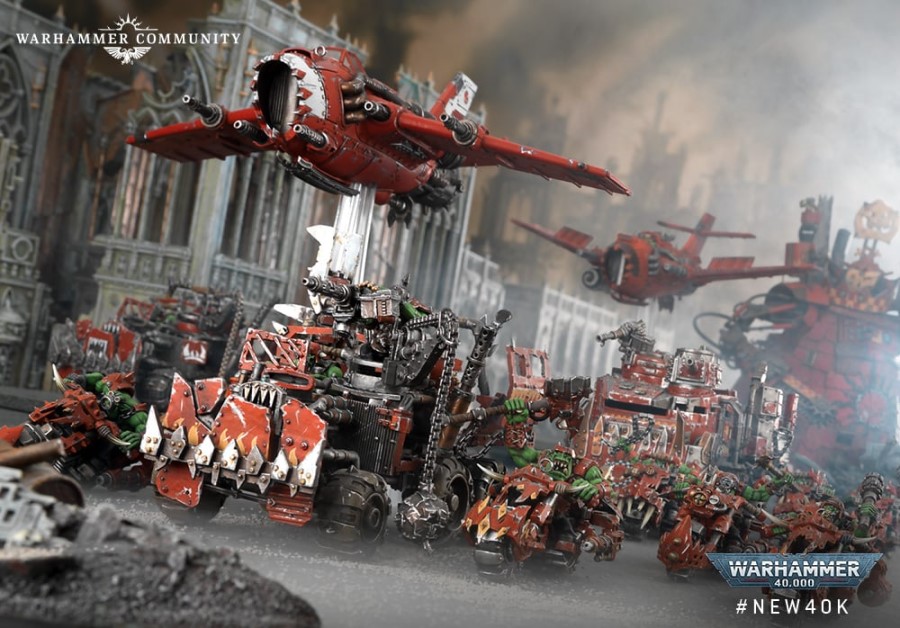 A screenshot of Ork units and vehicles from Warhammer 40k