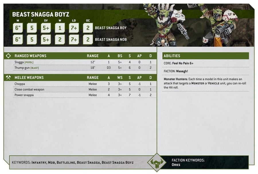 The data sheet for the Beast Snagga Boyz as part of the Warhammer 40k 10th Edition Orks