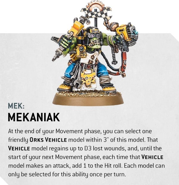 A statblock of an Ork Mek from Warhammer 40k 10th Edition