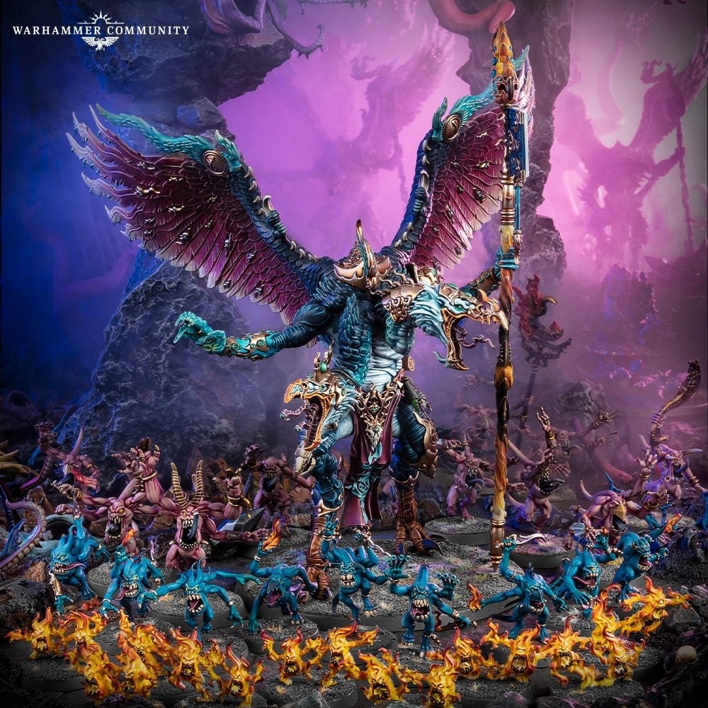 A towering bird demon miniature surounded by hordes of demon imps