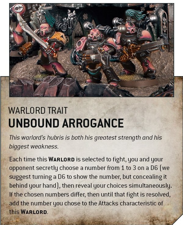 A featured image of Unbound Arrogance Warlord Trait text