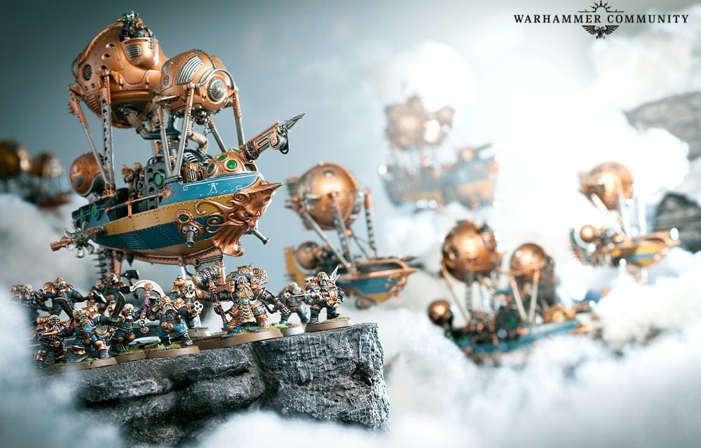 A handful of Kharadon armies with a Skyvessel in the background