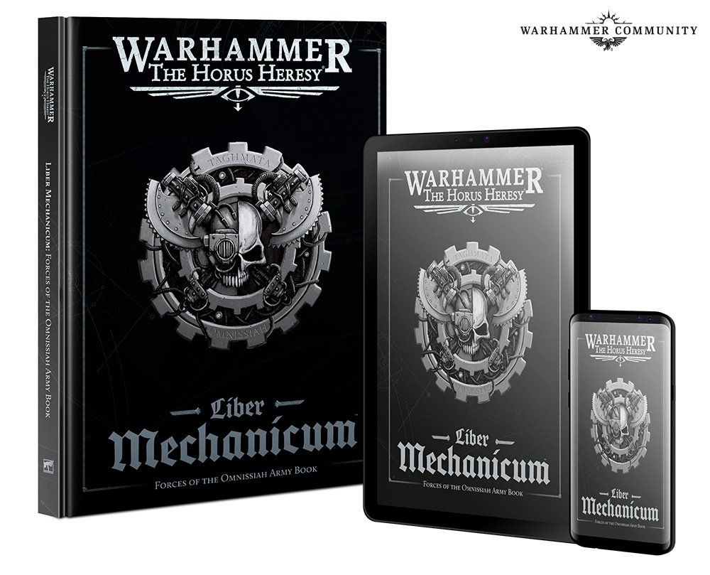 The Warhammer Horus Heresy Liber Mechanicum Rulebook, displayed in hardcover and as a downloadable app on a tablet.