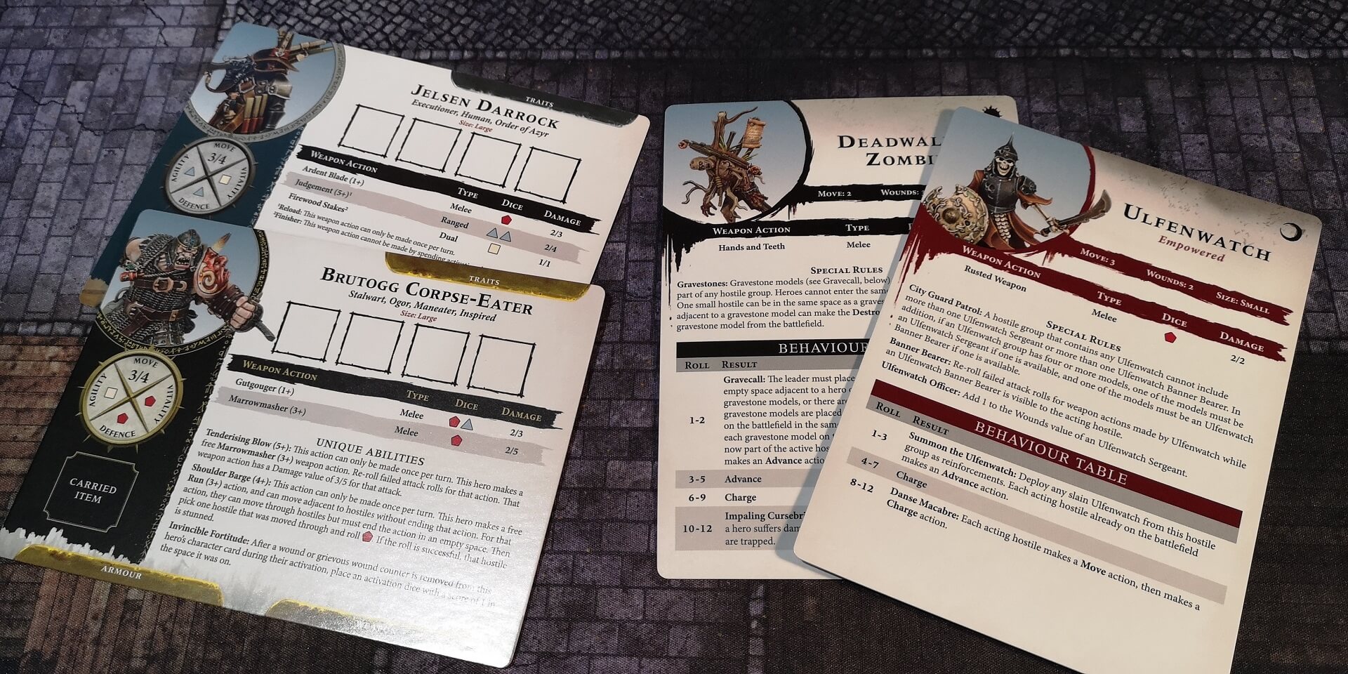 Warhammer Quest Cursed City Hero and Enemy Cards.