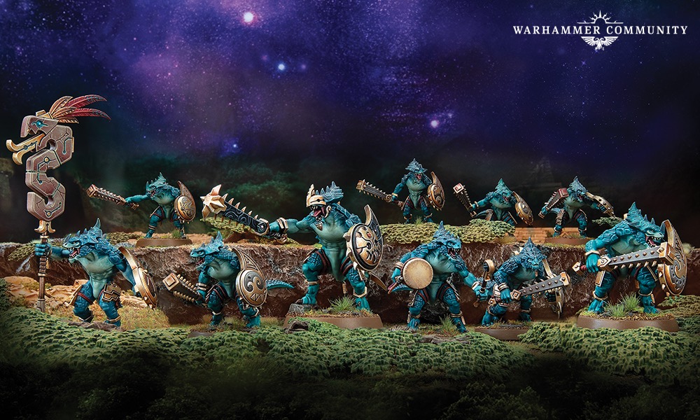 An image of the Warhammer Seraphon Army Set Saurus Warriors against a starry night background