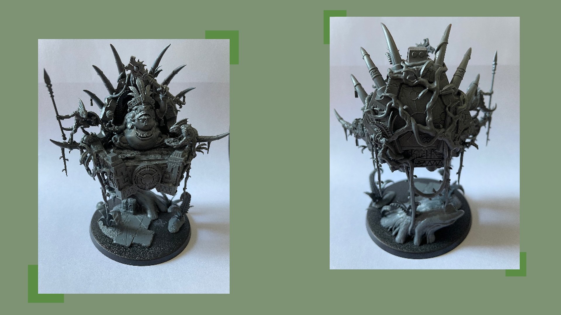 An image of the Warhammer Seraphon Army Set Slann Starmaster, built by the author with photos of the back and front of the model