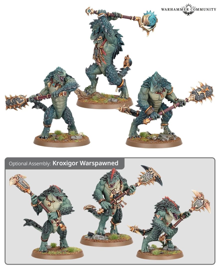 An image of the Kroxigor unit from Warhammer Age of Sigmar Seraphon, featuring beefy lizardmen