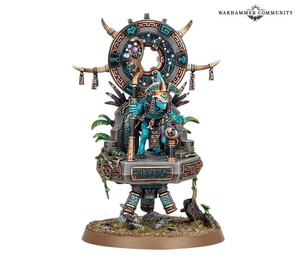 An image of the Skink Starseer model from the Warhammer Age of Sigmar Seraphon, depicting a small lizard wizard on a floating throne