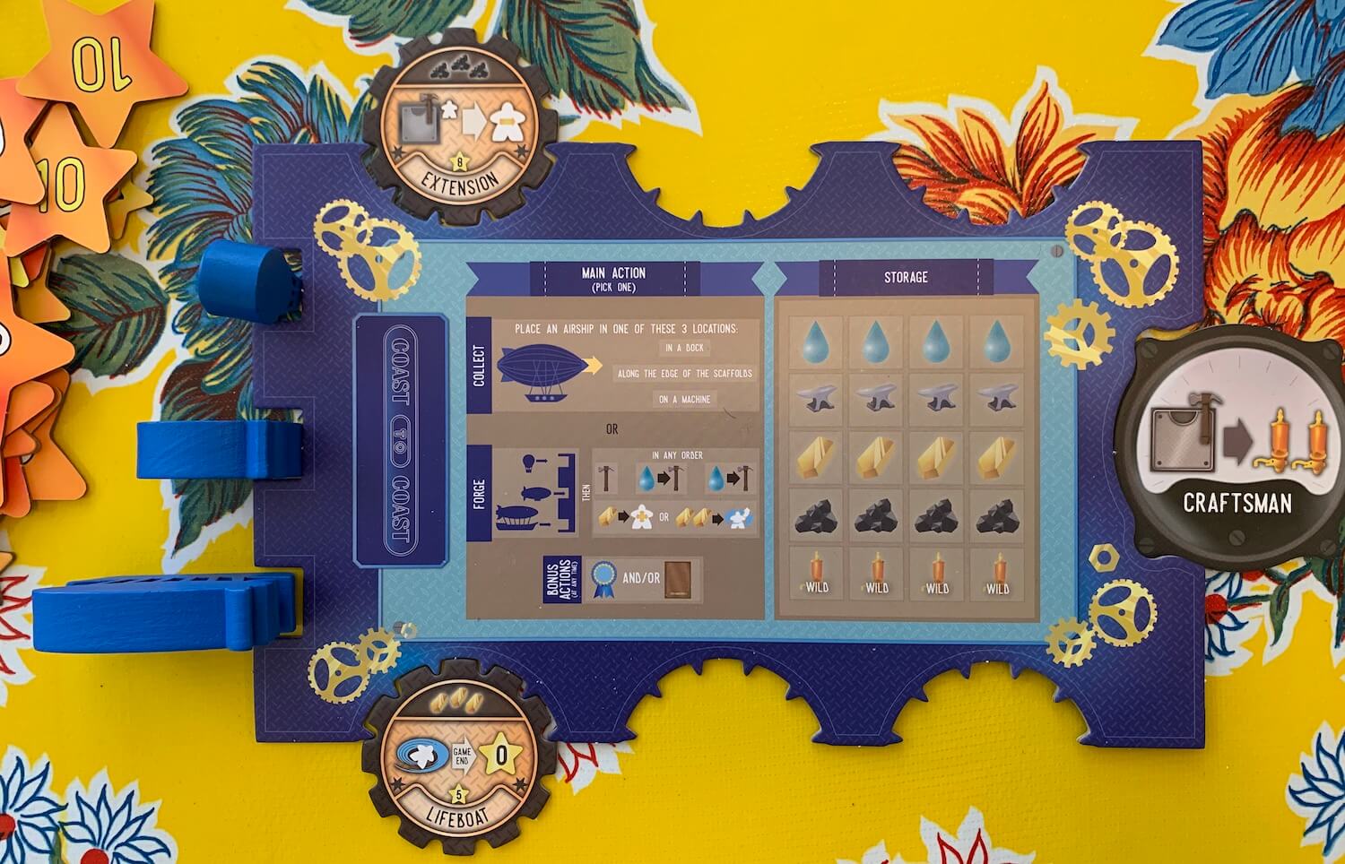 The Whistle Mountain player board holds spots for various upgrades and a starting ability