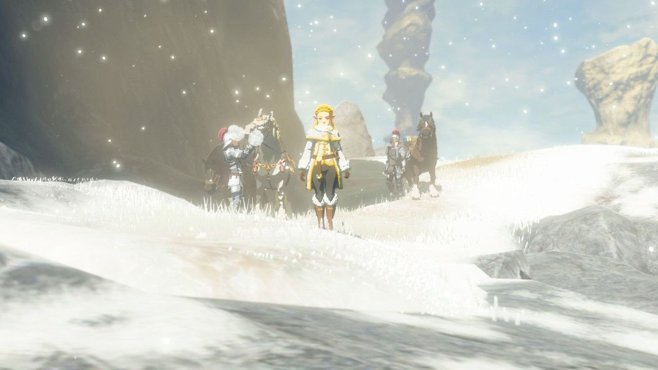Winter settings, Zelda standing in the cold snow land with a winter outfit on