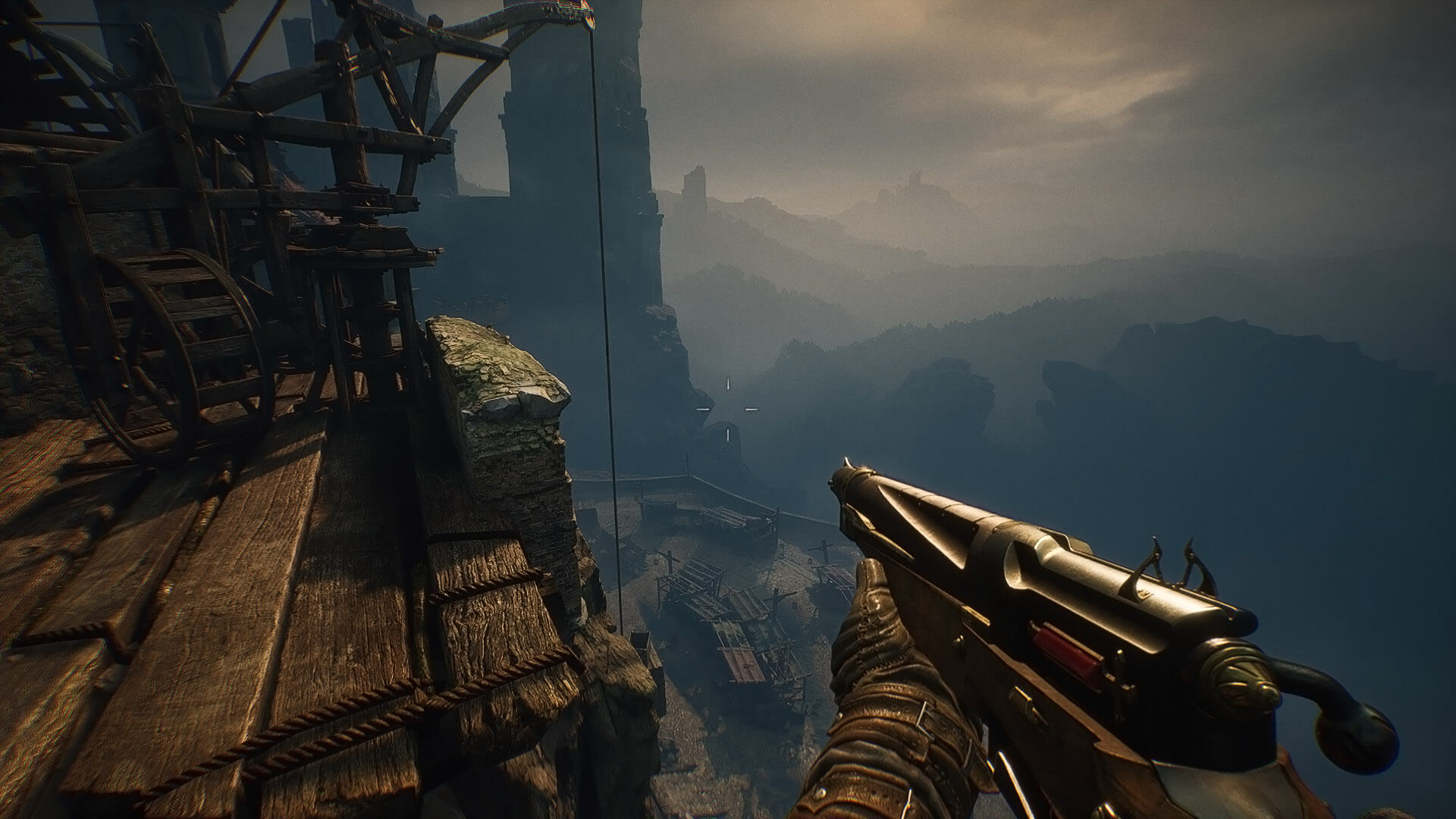 The player standing on a wooden platform overlooking a castle in Witchfire