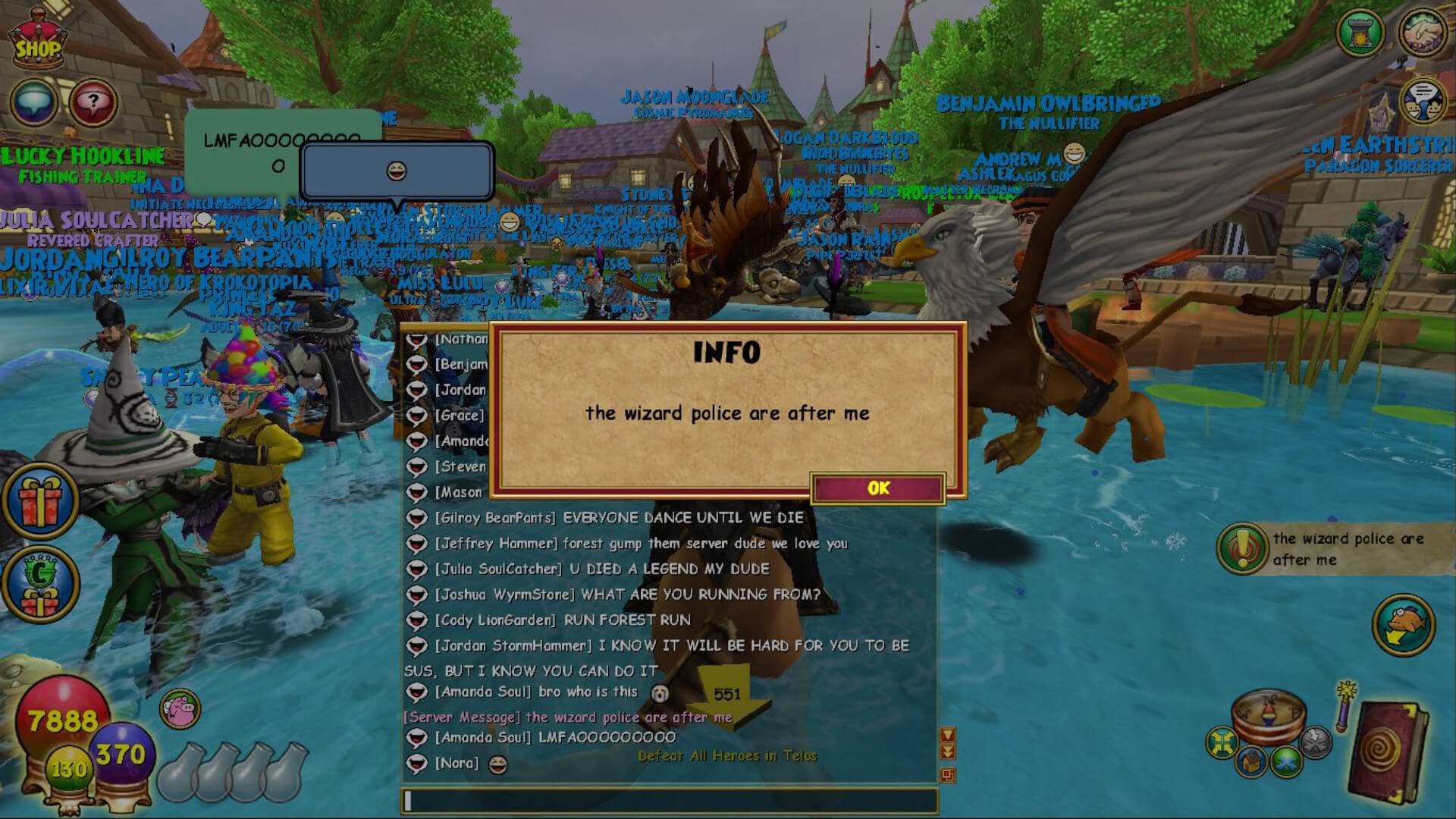 A server message in Wizard101 reading "the wizard police are after me"