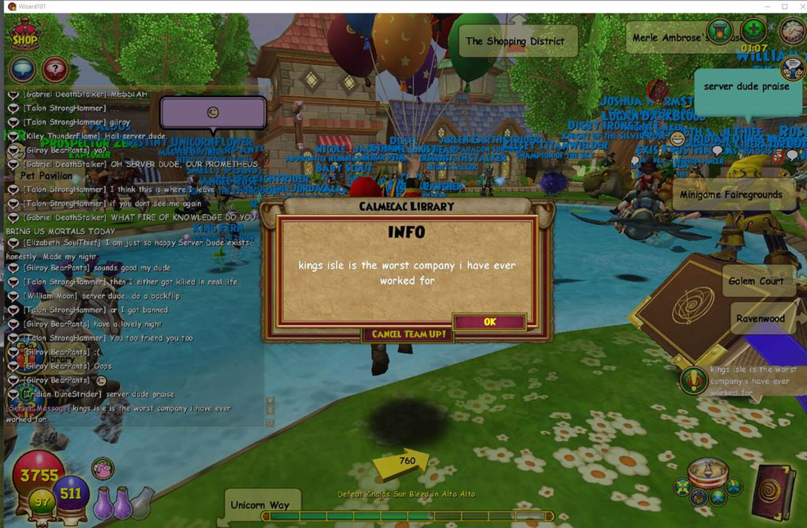 A Wizard101 message simply reading "kingsisle is the worst company i have ever worked for"