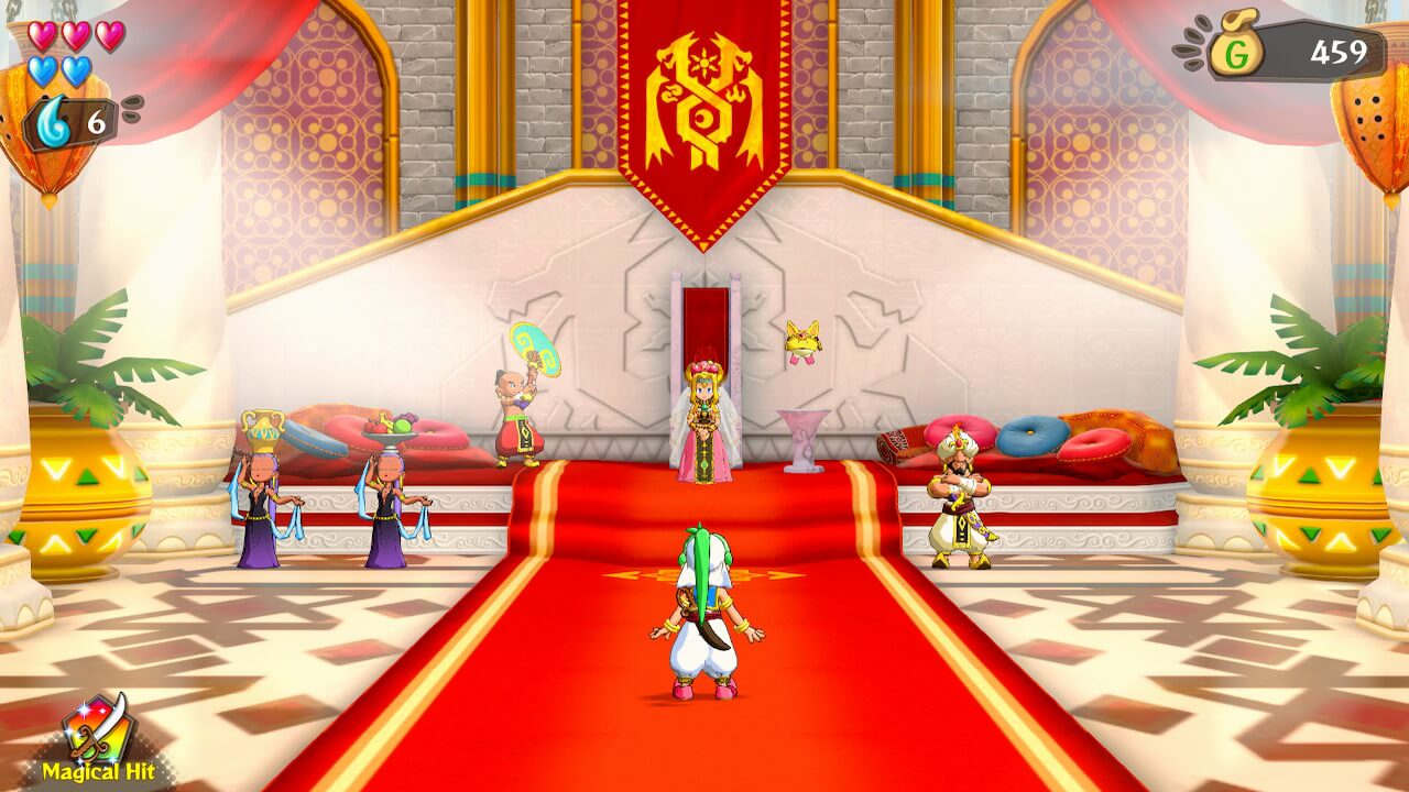 A screenshot of Wonder Boy Asha's World showing a 3D palace environment