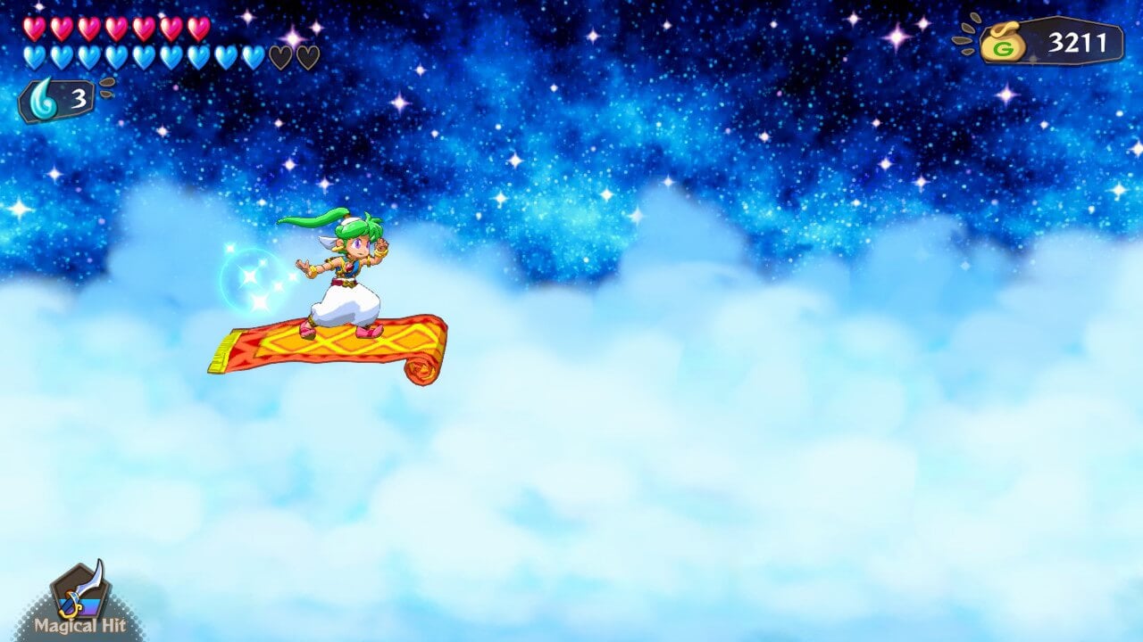 A screenshot showing Asha riding a magic carpet