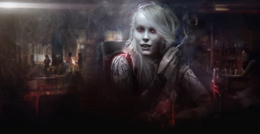Artwork of a pale-skinned vampire in a bar, her eyes red, as seen from Vampire The Masquerade