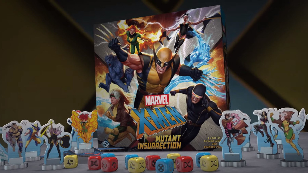 The box, minis, and dice for Fantasy Flight Games' X-Men Mutant Insurrection